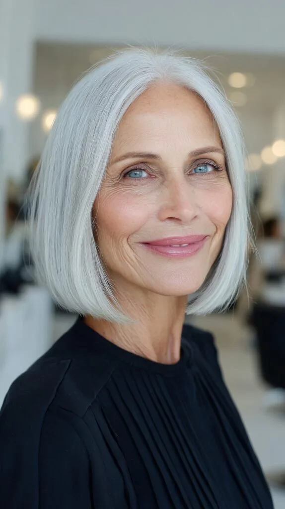 Sleek Silver Chin-Length Blunt Bob with Center Part