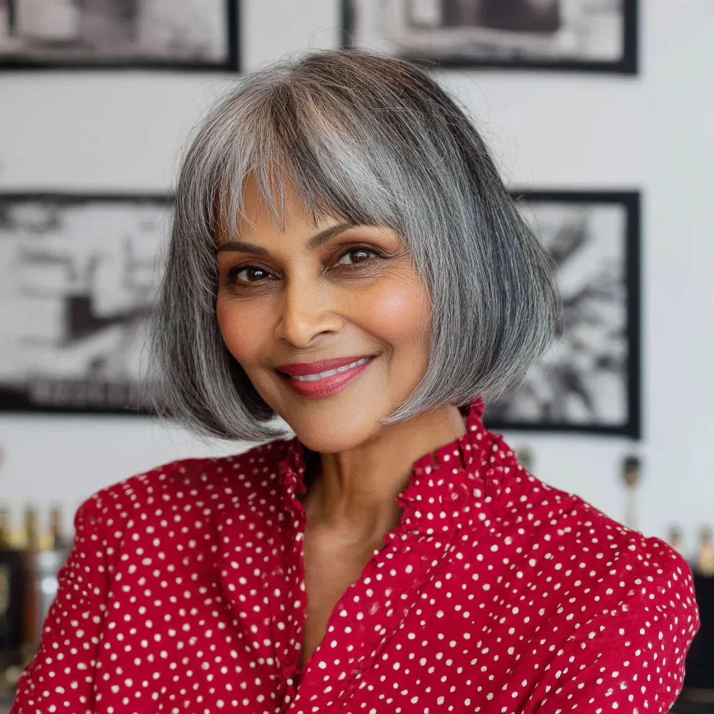 Sleek Silver Jaw-Length Bob with Flirty Bangs