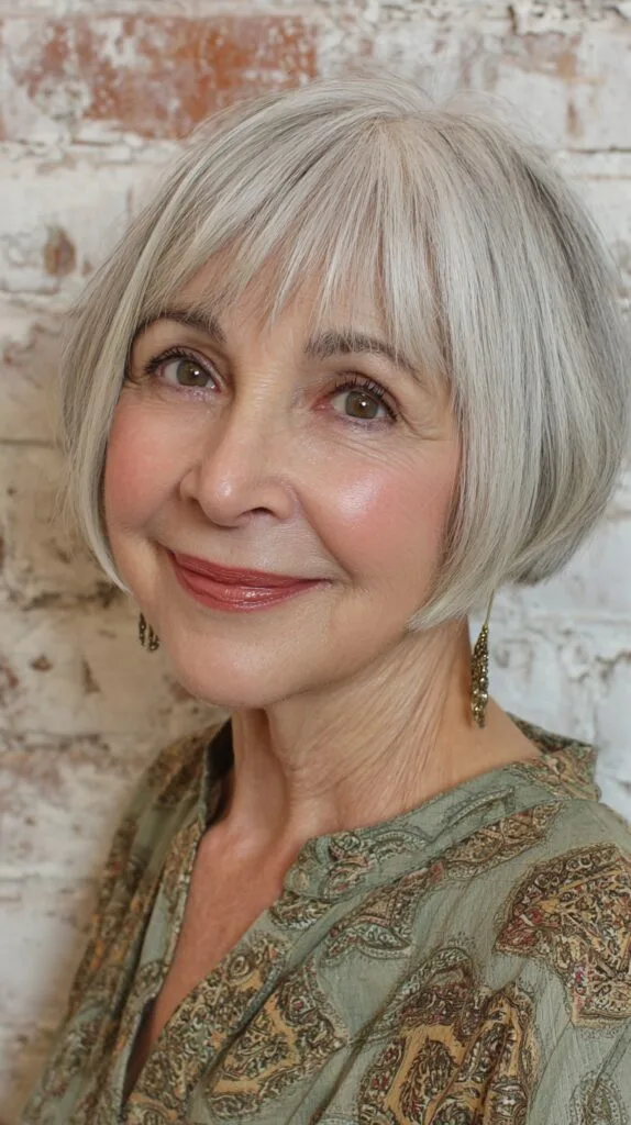 Sleek Silver Precision-Cut Bob for Mature Women