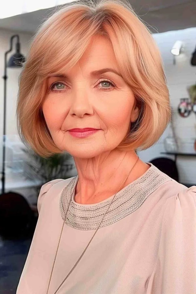 Smiling senior woman with side-swept bangs and a bob cut, creating a look of timeless elegance and grace.
