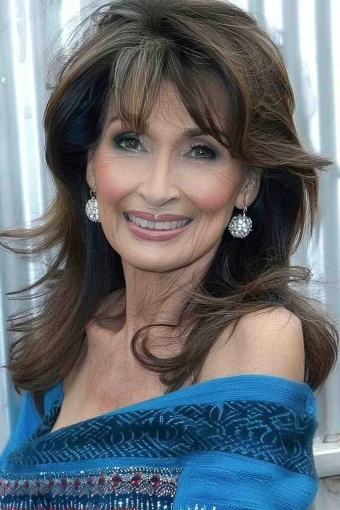 Smiling woman with long brunette hair and light feathered bangs creating a soft, face-framing effect.