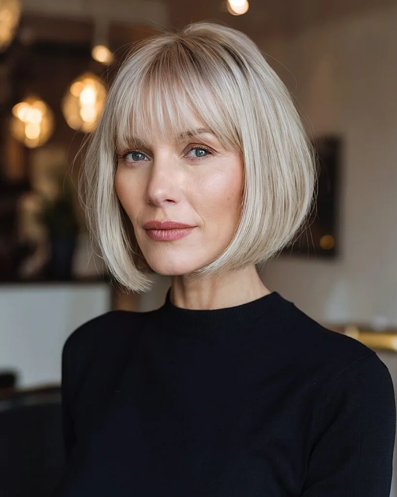 Smooth blonde bob with wispy bangs for women over 40 featuring the sleek Banglisse hairstyle