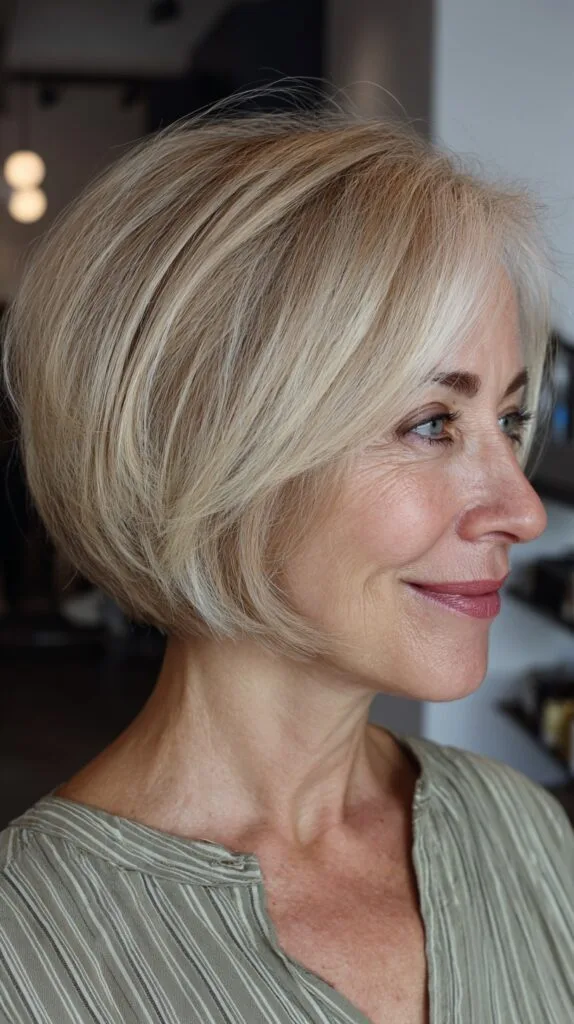 Soft Blonde Tapered Bob with Side-Swept Bangs