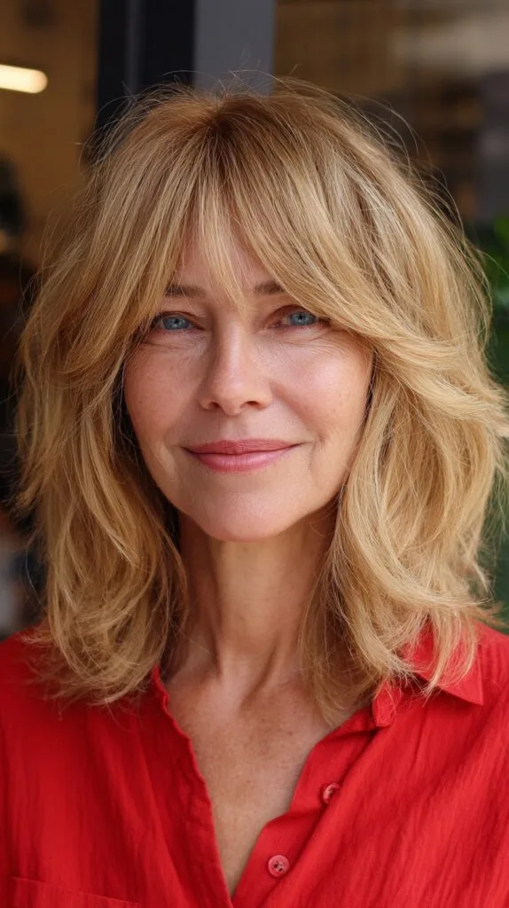 Soft Blonde Waves with Curtain Bangs for Mature Elegance
