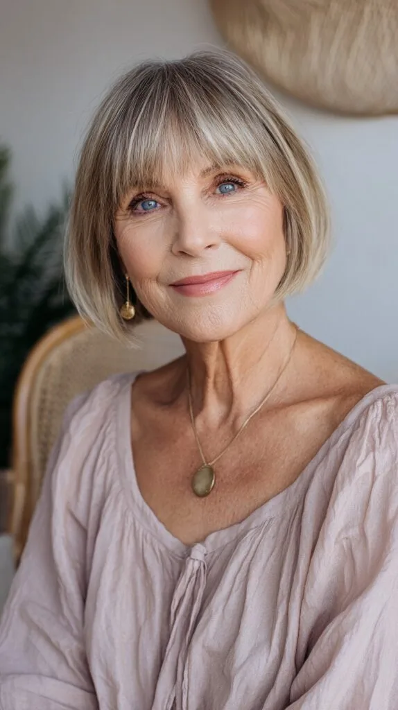 Soft Bronde Chin-Length Blunt Bob with Wispy Full Bangs