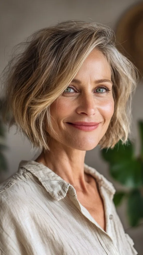 Soft Bronde Jaw-Length Bob with Side-Swept Root Lift