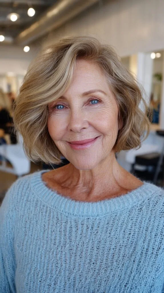 Soft Bronde Wavy Chin-Length Bob with Root-Blend and Lifted Side Part