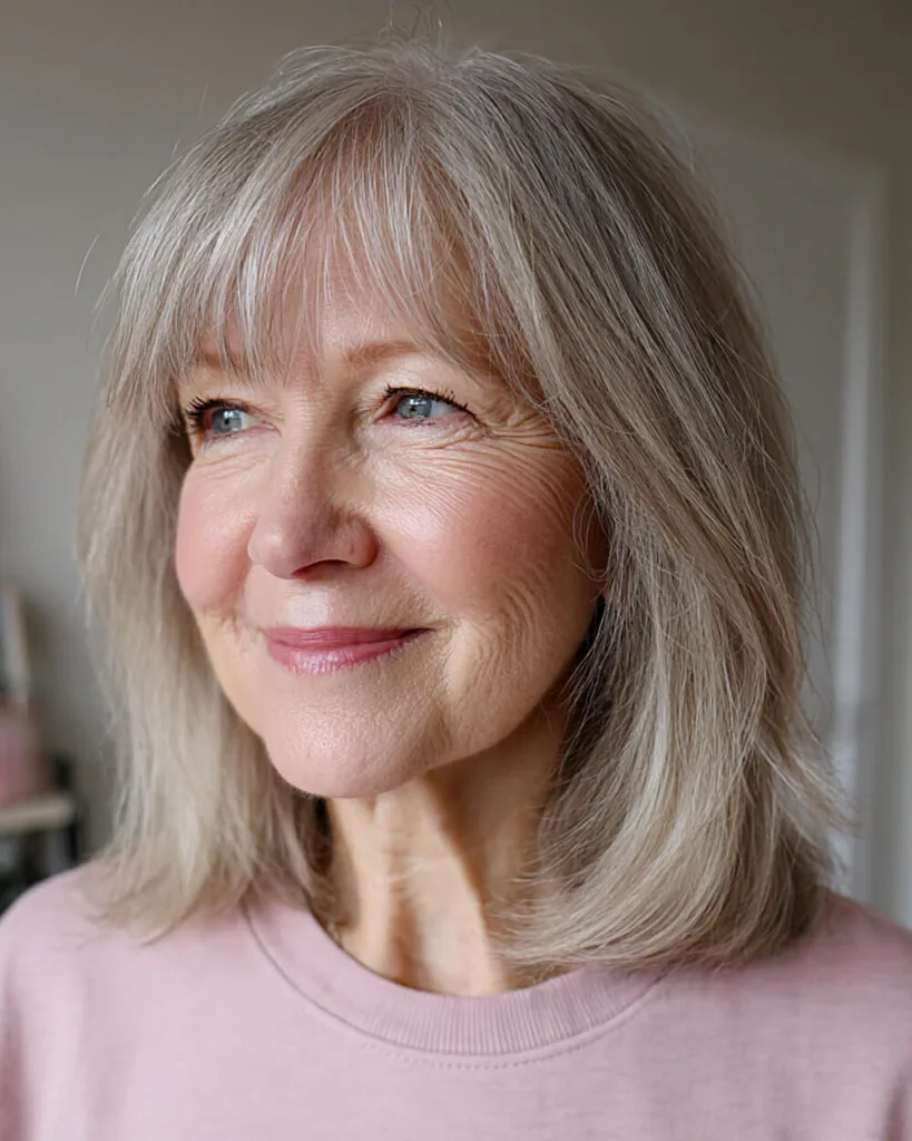 Soft feathered shag lob with wispy bangs for women over 70