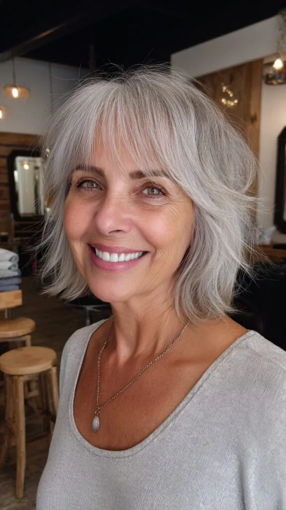 Soft Feathered Silver Chin-Length Bob with Wispy Curtain Bangs