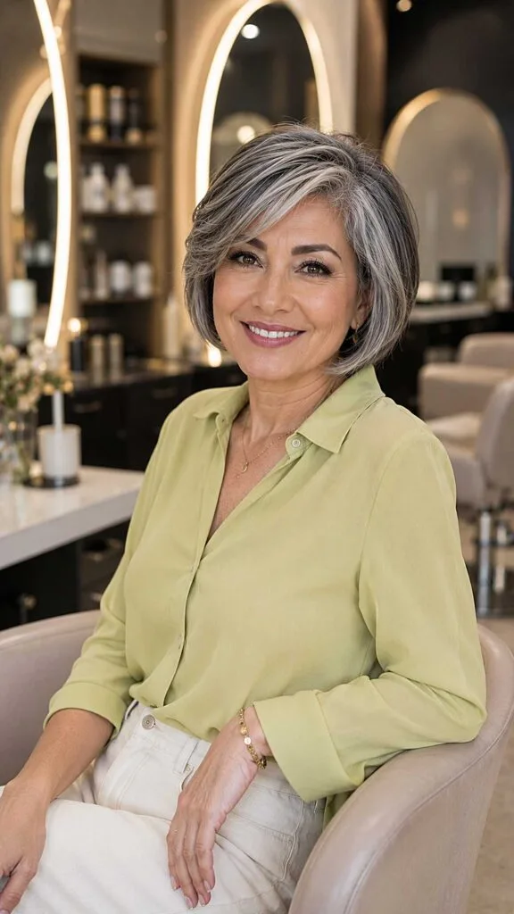 Soft Gray Bob with Deep Side Part and Layers