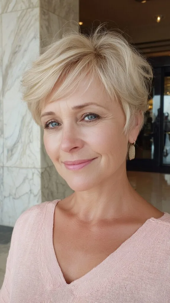 Soft Layered Blonde Pixie with Feathered Fringe and Lifted Crown