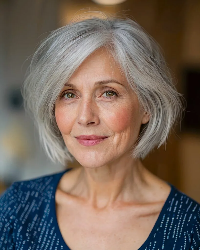 Soft layered bob for grey hair over 60 with side-swept bangs and face-framing volume