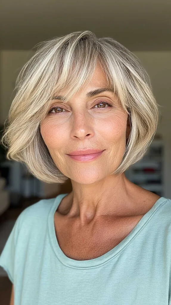 Soft layered chin-length bob with champagne highlights