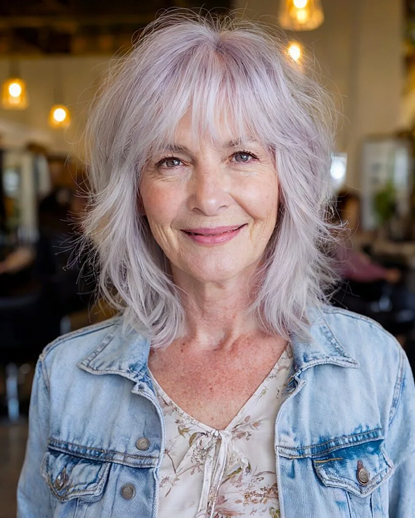 Soft layered shag with wispy bangs and pastel lilac tones, elegant French bob idea for over-40 women