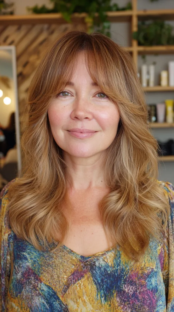 Soft Layered Waves with Gentle Curtain Bangs