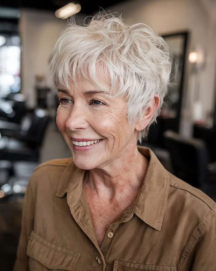 Soft pixie shag with layering for thin gray hair, low-maintenance French bob idea for over 40