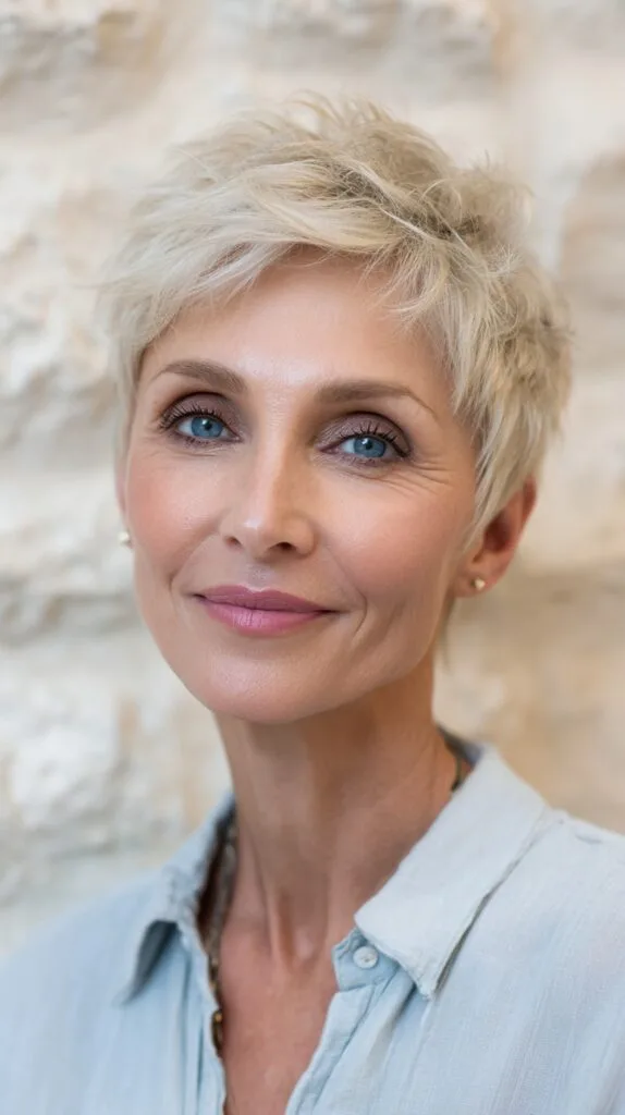 Soft Platinum Pixie with Feathery Crown and Micro-Taper