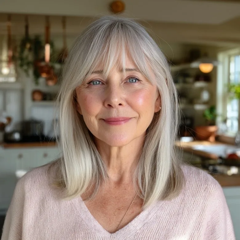 Soft Silver Long Layers with Face-Framing Bangs