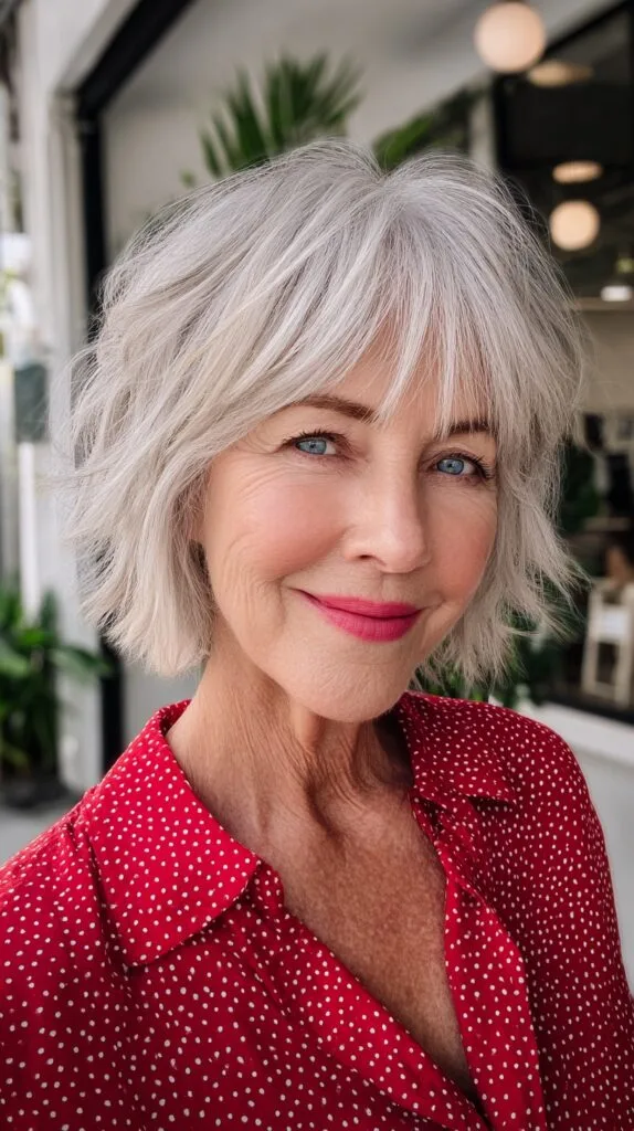 Soft Silver Textured Chin-Length Bob with Feathered Wispy Fringe