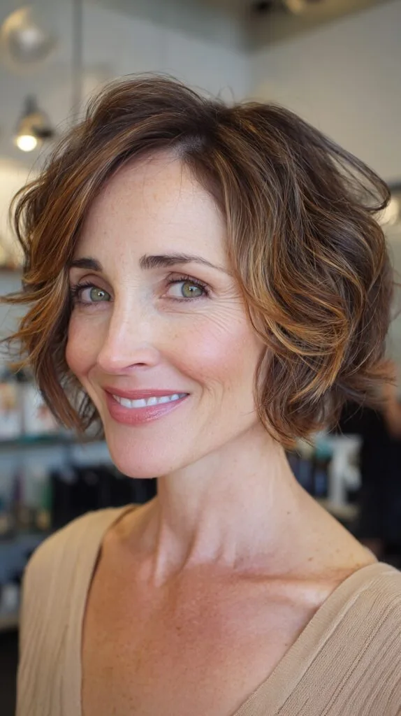 Soft Wavy Chin-Length Layered Bob with Caramel Balayage