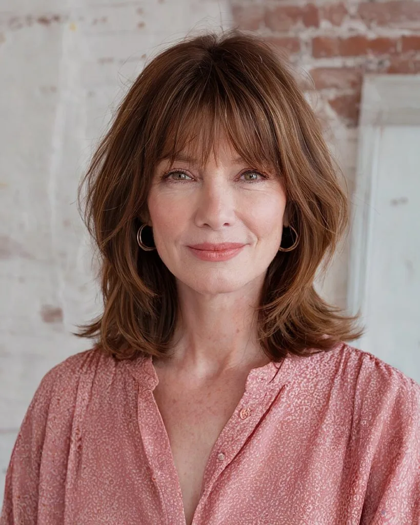 Soft wispy bangs on a layered lob haircut for older women with fine, medium-brown hair