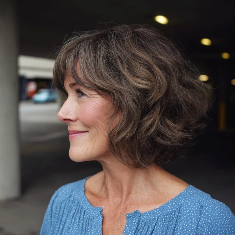 Softly Curled Layered Bob with Feathered Bangs