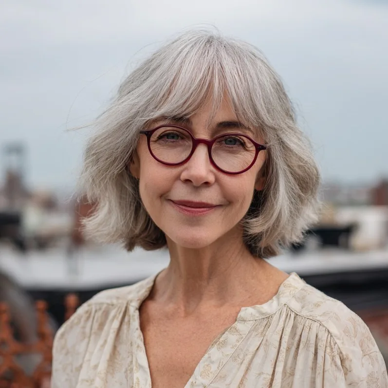 Softly Layered Silver Bob with Wispy Bangs