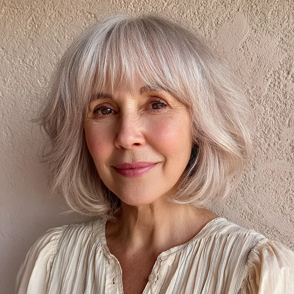 Softly Textured Silver Bob with Feathered Bangs