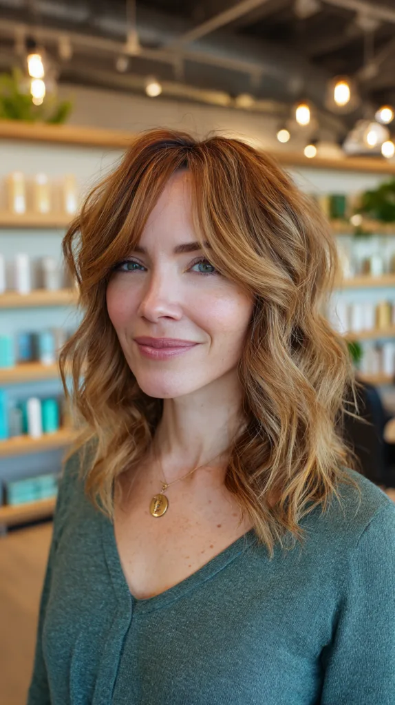 Softly Textured Waves with Flattering Curtain Bangs