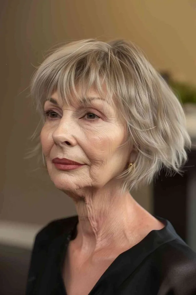 Sophisticated older woman with short hair and bangs that soften and frame the face.