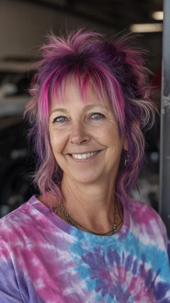 Spiky Magenta-Purple Shag with Wispy Face-Framing Fringe