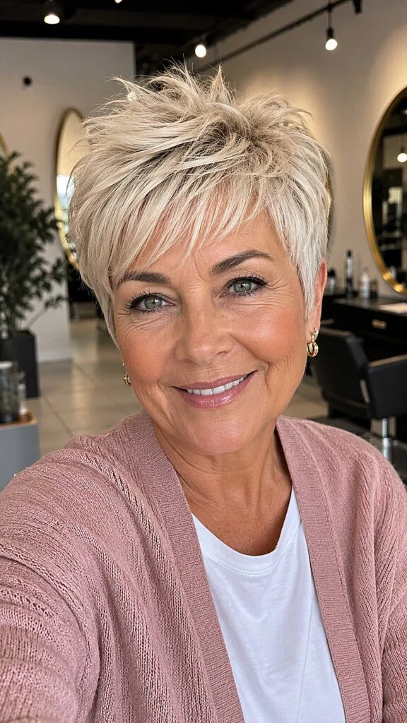 Spiky platinum pixie with dramatic top texture