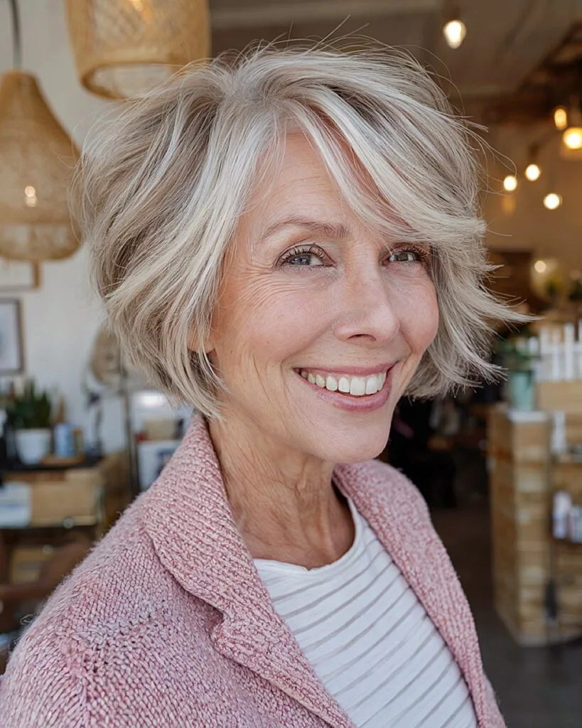 Stacked bob shag with side bangs and graduated layers, sculpted French bob idea for thin hair over 40