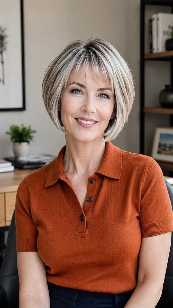 Stacked Bob with Side-Swept Bangs and Salt-and-Pepper Highlights
