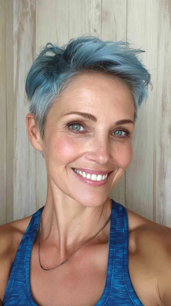 Steel-Blue Textured Pixie with Soft Tapered Nape