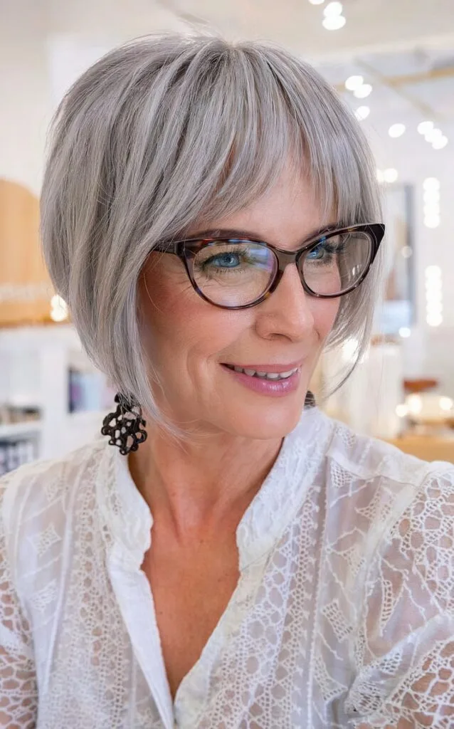 Straight bob for woman over 50 with glasses