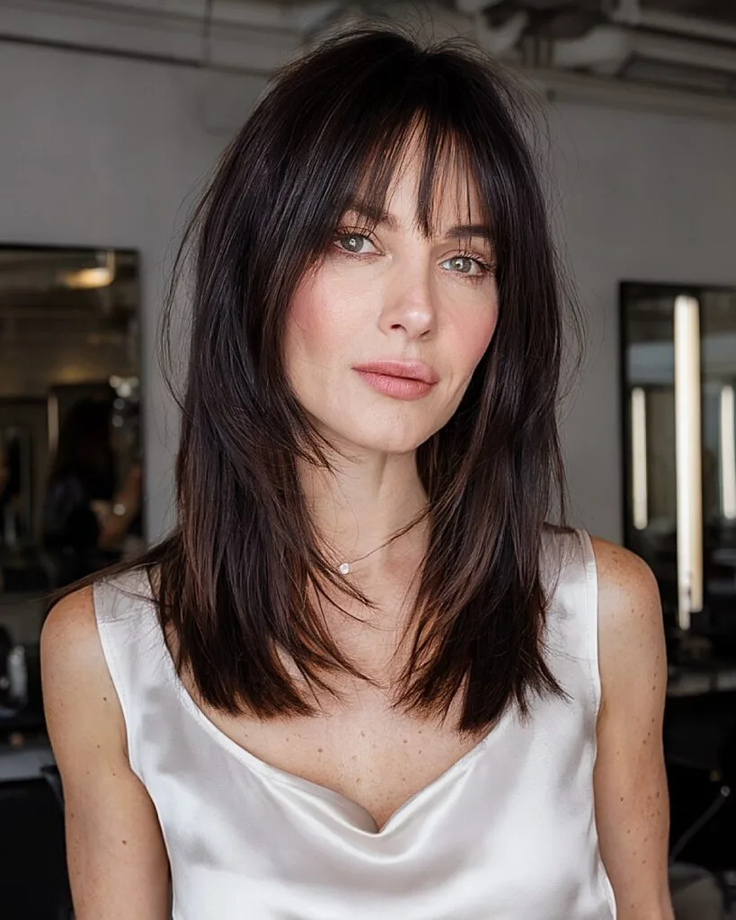 Straight medium haircut with wispy bangs and layered ends for women over 40
