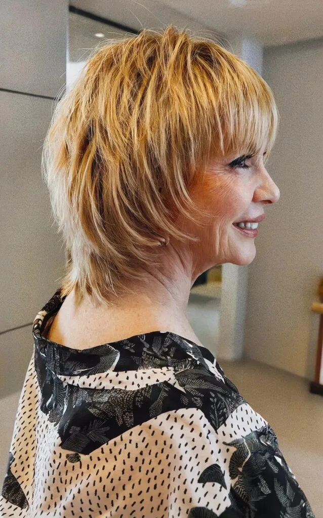 Straight Mullet Shag with Golden Blonde Color for a Woman Over 70