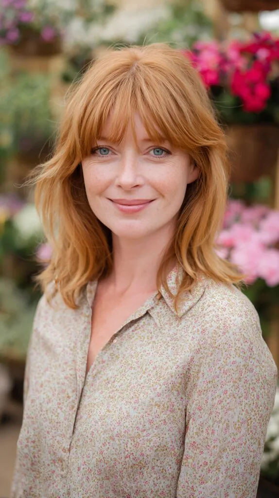 Strawberry-Blonde Layered Lob with Wispy Curtain Bangs