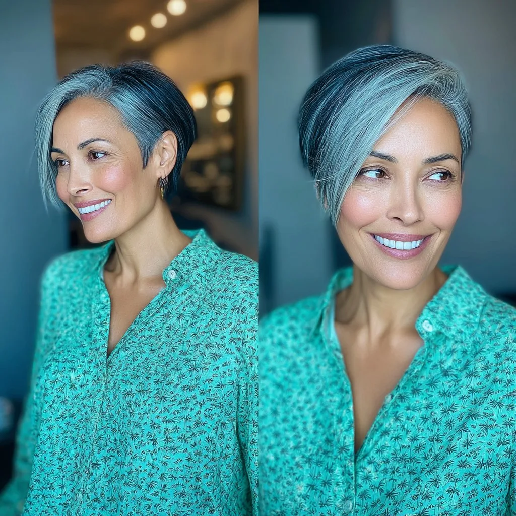 Stylish Asymmetrical Silver Pixie with Subtle Highlights