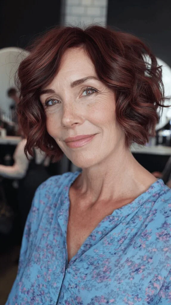 Stylish Curly Lob with Warm Mahogany Tones