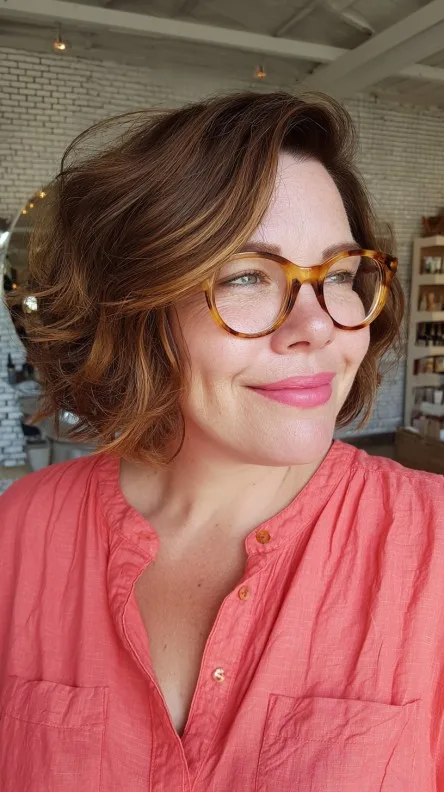 Stylish Curly Wedge Bob with Warm Highlights