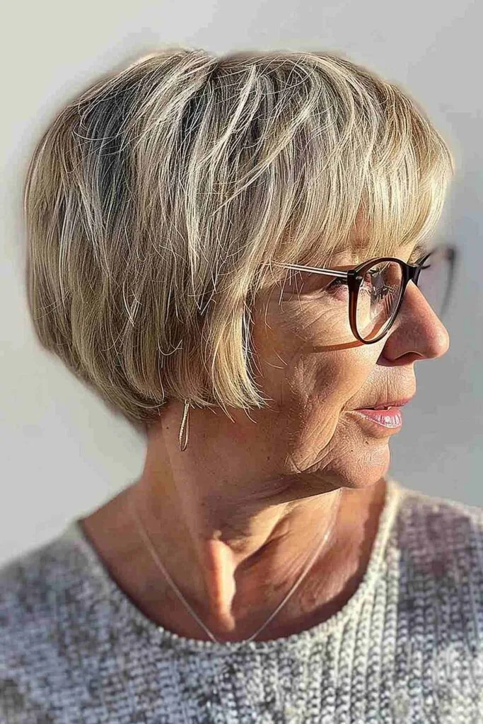 Stylish Extra Short French Bob for women over 60 with Glasses