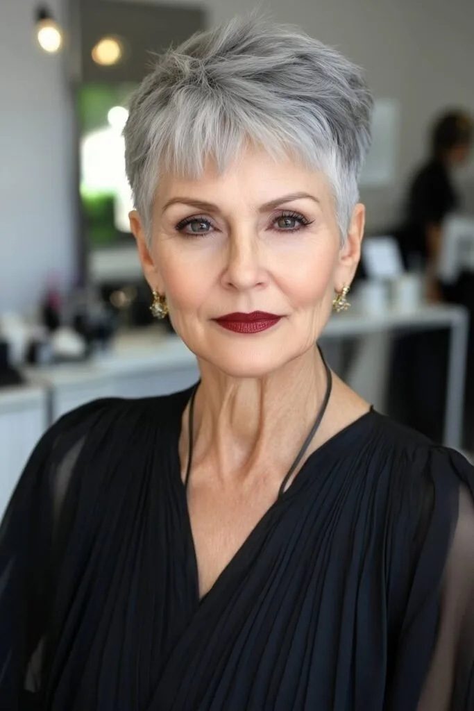 Stylish gray pixie hairstyle for mature women