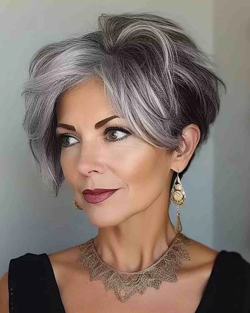 Stylish Long Bixie Cut Featuring Grey Balayage for a Woman Aged 50