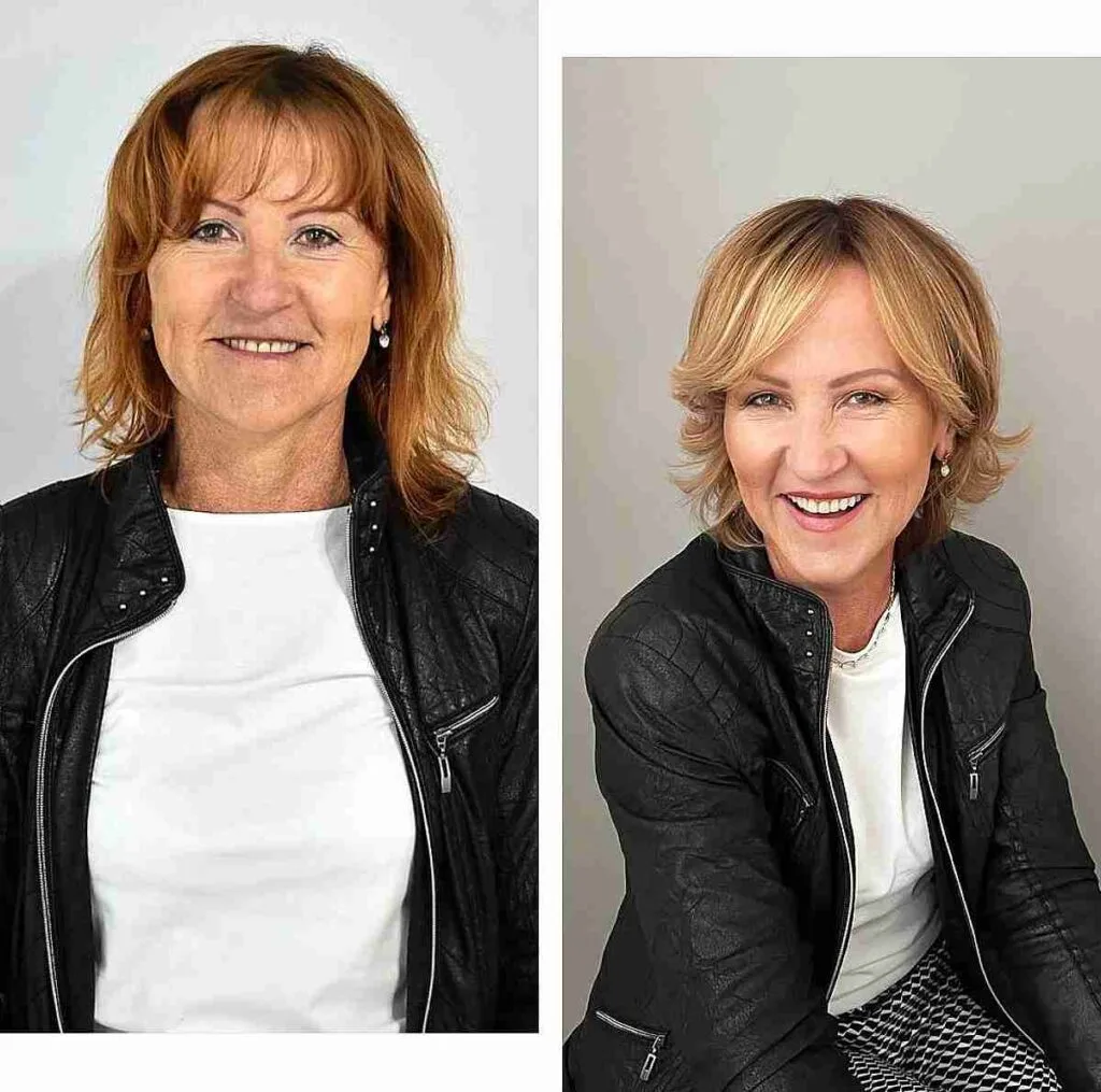 Stylish Short Blonde Bob with Face Frame and Feathered Layers for Mature Women