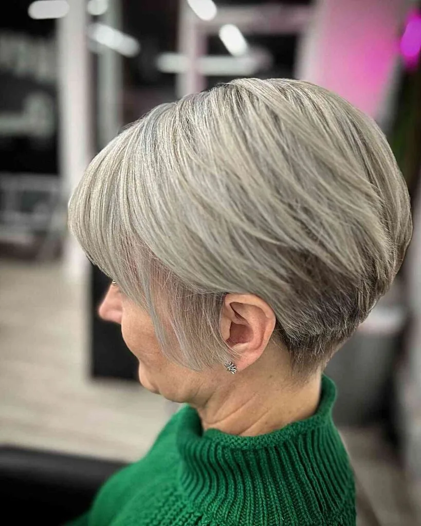 Stylish Short Wedge Bob Cut with Bangs for Older Ladies Past 50 with Grey Hair