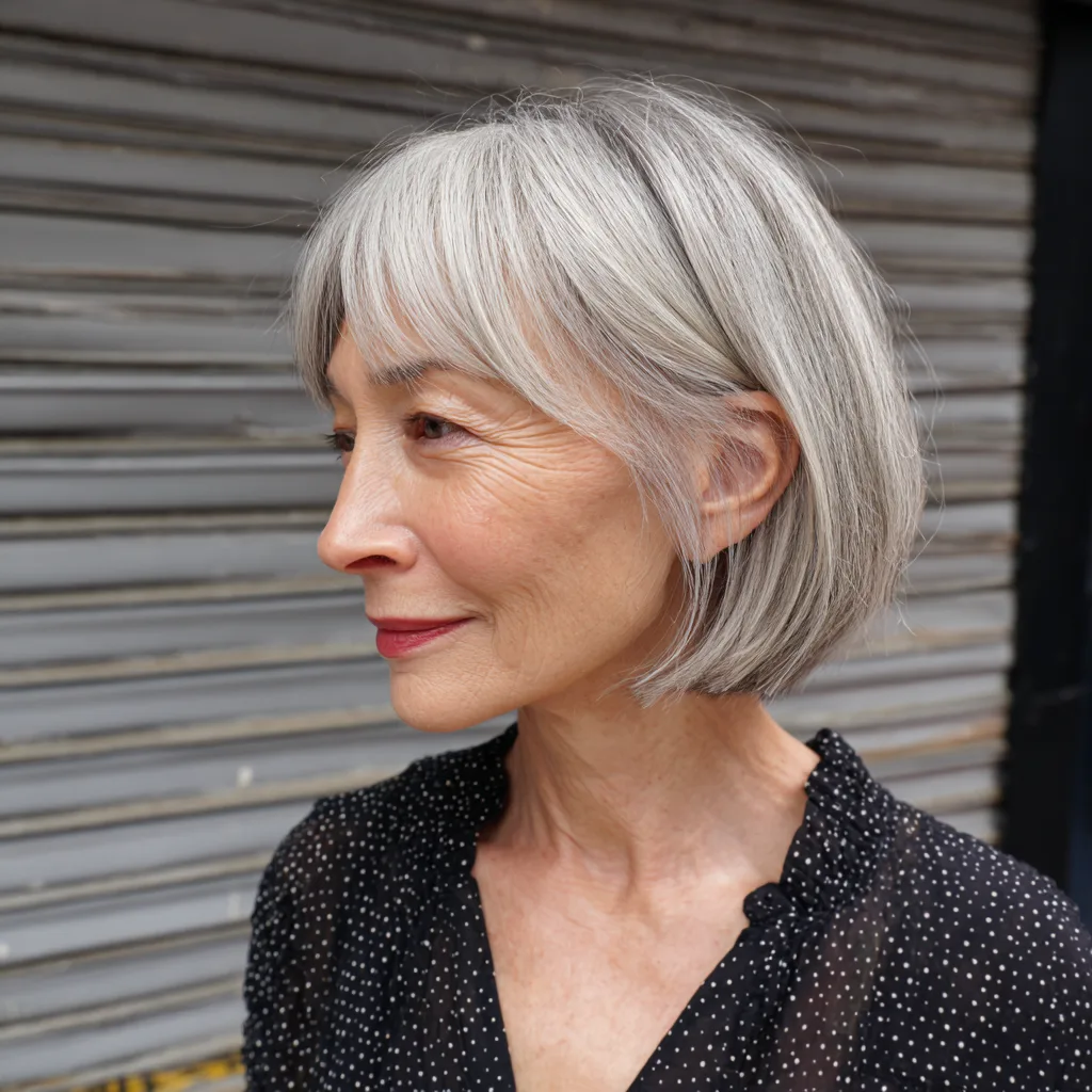 Stylish Silver Jaw-Length Bob with Wispy Bangs