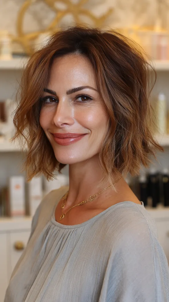 Stylish Textured Frayed Bob with Warm Highlights
