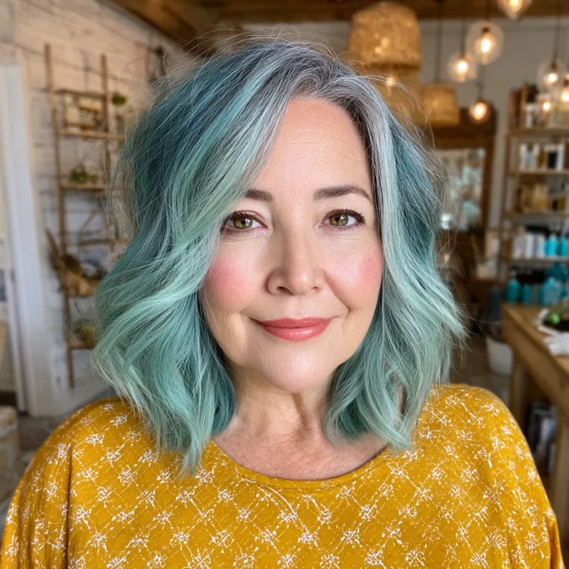 Stylish Wavy Lob with Cool Mint Hues